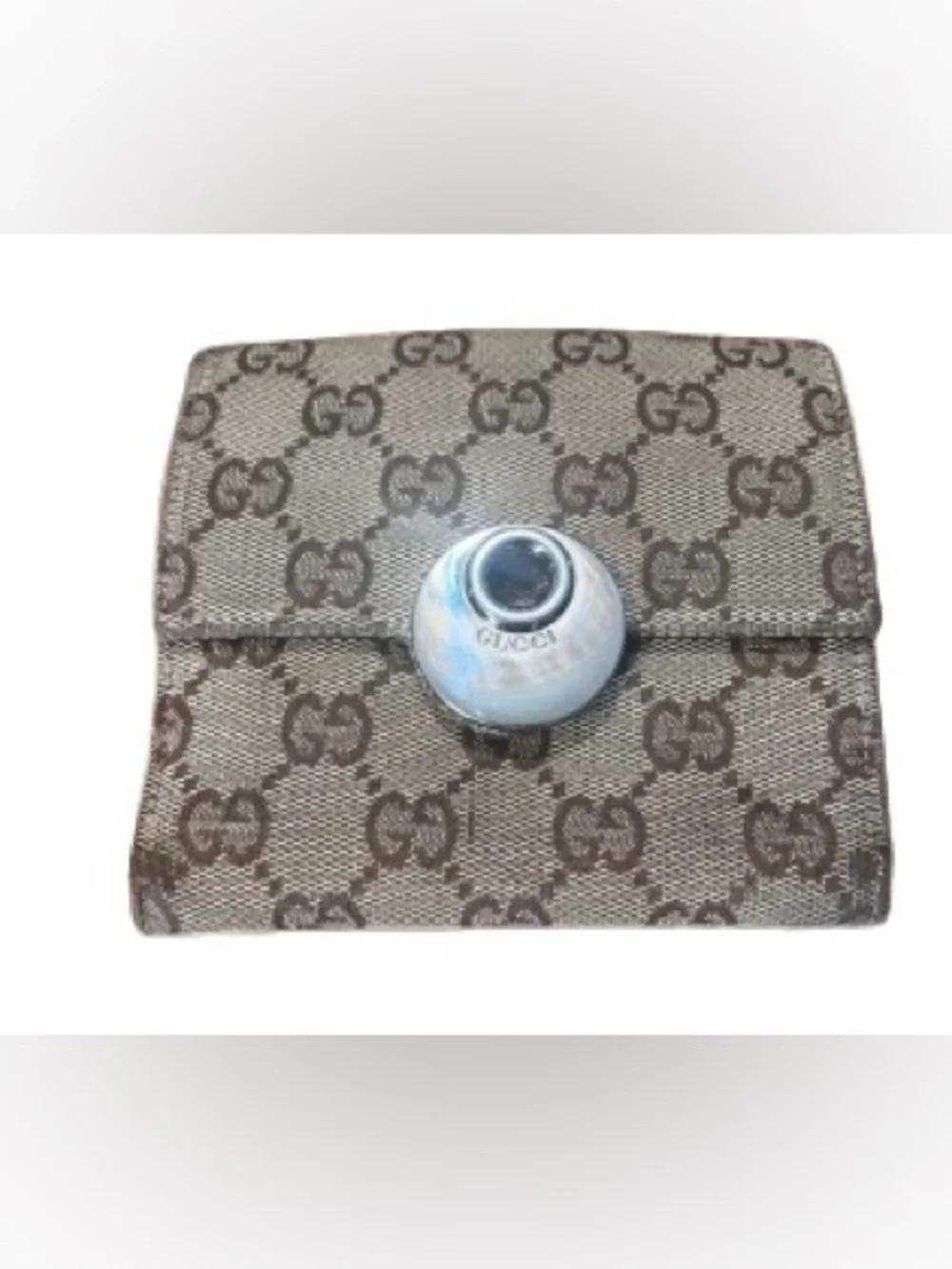 Gucci Brown GG Canvas Compact Wallet with Round Silver-Tone Snap